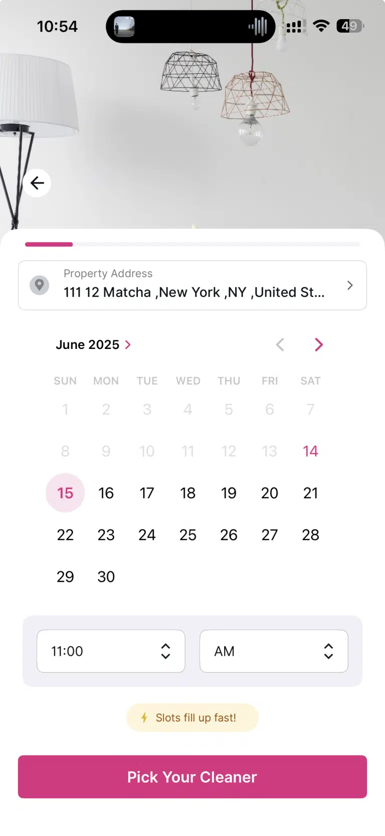 Cleanster app calendar for picking a date and time